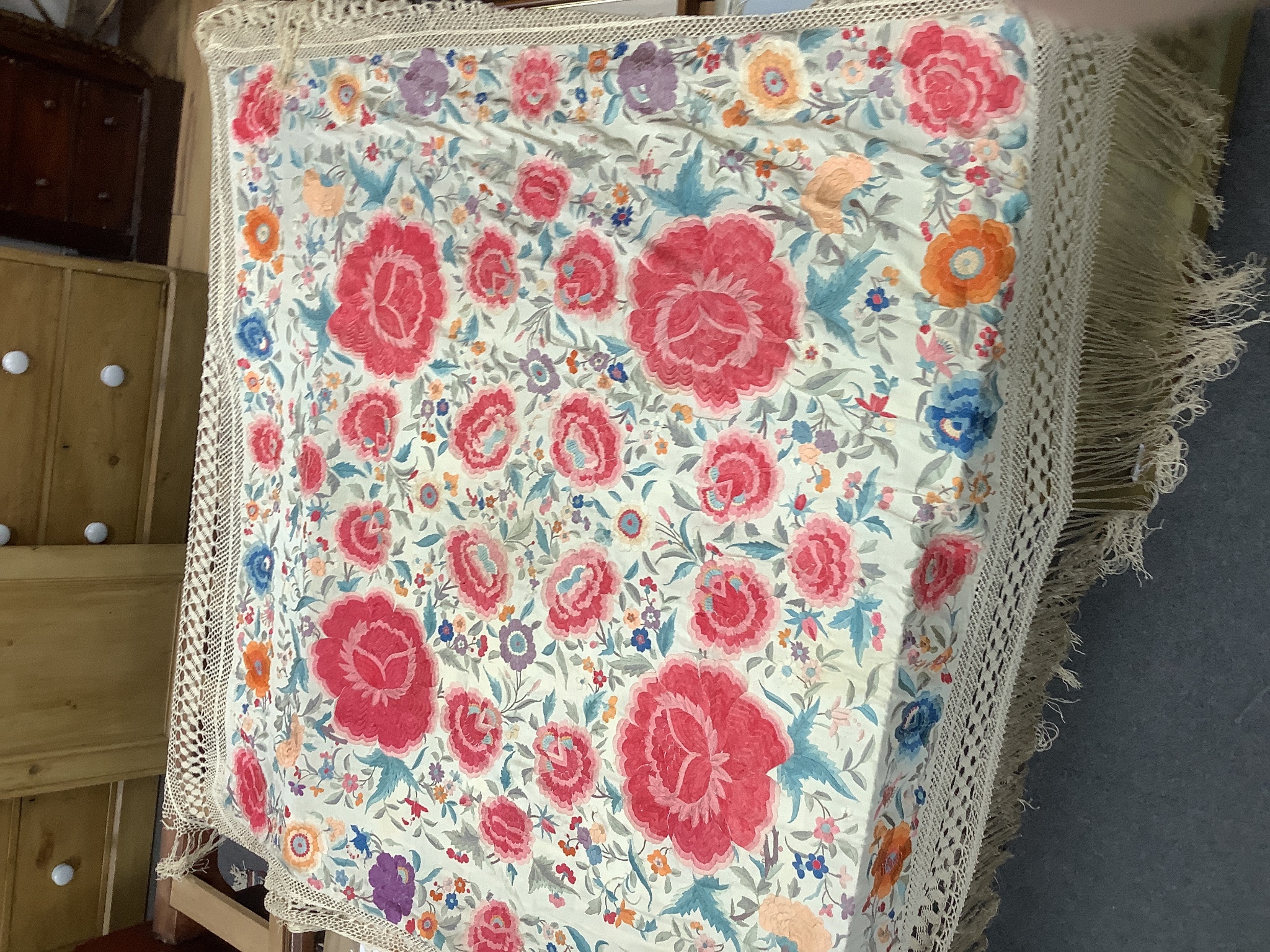A Spanish polychrome embroidered shawl, circa early 20th century